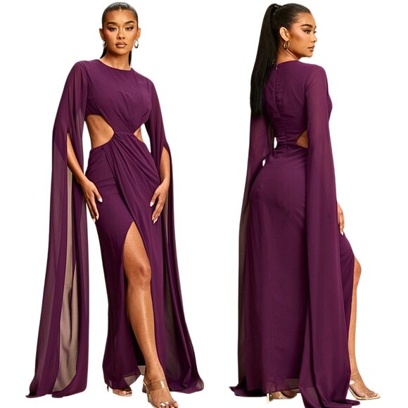 Lux Dresses & Skirts - NEW Eggplant Purple Midriff Cut-Out Flowing Butterfly Sleeve Maxi Dress Gown
